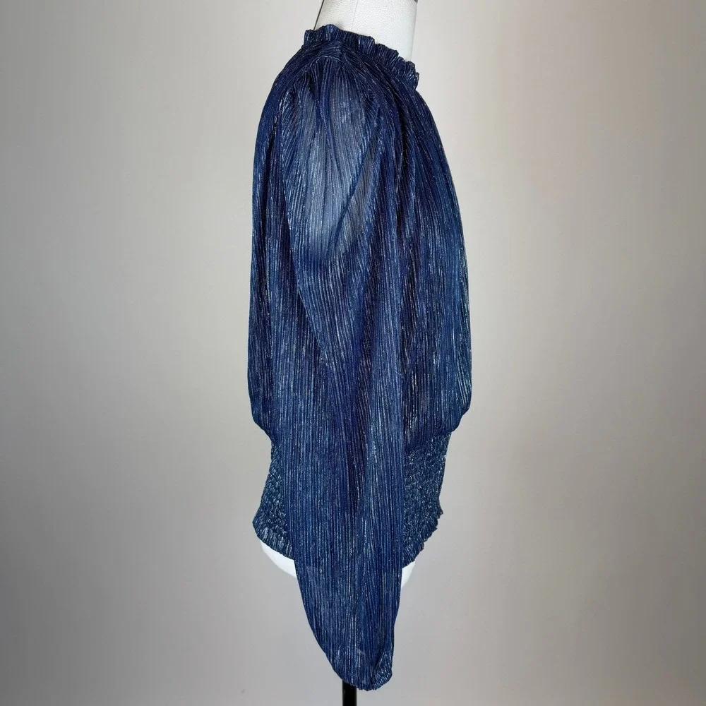 Joie Navy Blue Metallic Pleated Smocked High Neck Blouse Womens Large Party Glam - Picture 3 of 11